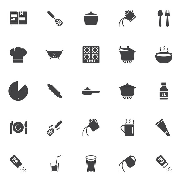 Istruzioni per la cucina set di icone vettoriali, moderna collezione di simboli solidi, confezione di pittogrammi in stile pieno. Segni, illustrazione del logo. Il set include icone come ricettario, frullatore di uova, padella, forchetta da cucchiaio
 - Vettoriali, immagini