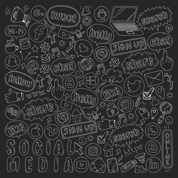 Sociální média a týmovou práci ikony. Vzory na černém pozadí. Ilustrace na tabuli křídou. Management, obchod. - Vektor, obrázek