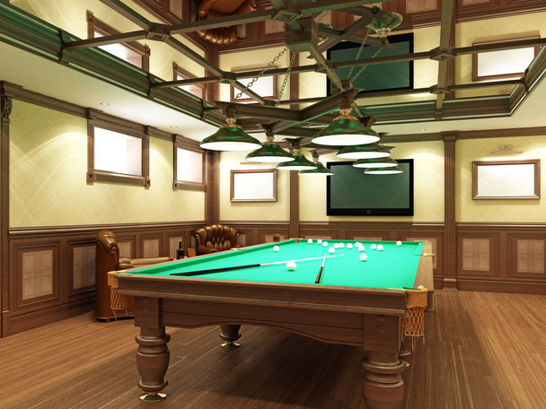 Бильярдный зал в классическом стиле с деревянным декором. 3D рендеринг
. - Фото, изображение