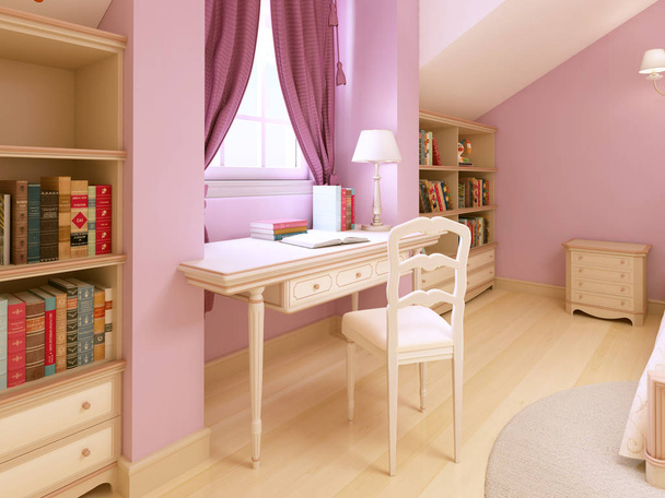 Children's table in the children's room for a girl. 3D rendering. - Photo, Image