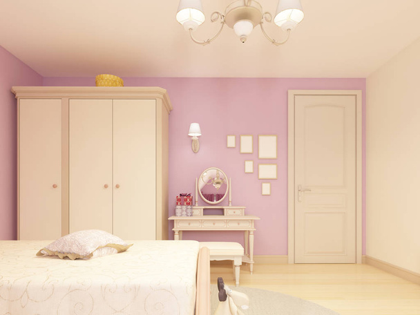 helles Kinderzimmer im klassischen Stil für ein Mädchen. 3D-Darstellung. - Foto, Bild