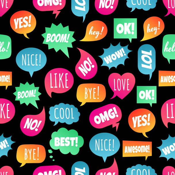Seamless pattern with speech bubbles flat gradient style design another shapes with text; love, yes, like, lol, cool, wow, boom, yes... hand drawn comic cartoon style set vector illustration isolated. - Vector, Image