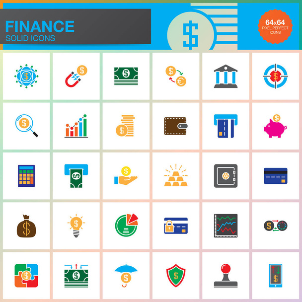 Conjunto de ícones vetoriais de finanças, coleção de símbolos sólidos de dinheiro, pacote de pictograma de cor isolado em branco, ilustração de logotipo perfeito de pixel
 - Vetor, Imagem