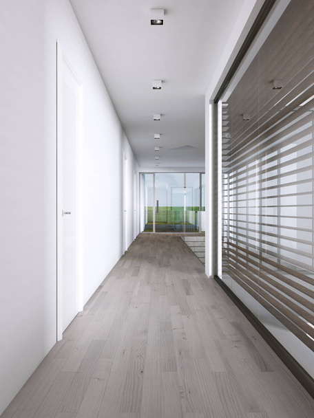 Corridor in a modern house with large windows. 3D rendering - Fotoğraf, Görsel