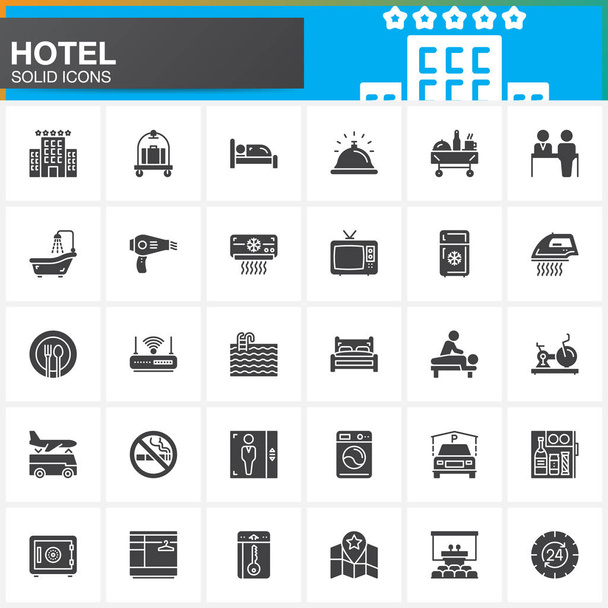 Hotel services and facilities vector icons set, modern solid symbol collection, filled style pictogram pack. Signs, logo illustration. Set includes icons as hotel, bed, reception, safe, tv, pool, key - Vector, Image