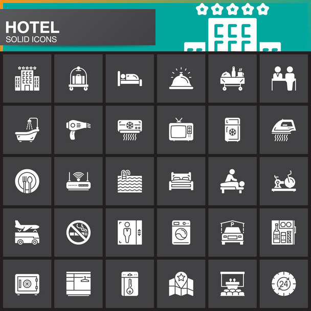 Hotel services and facilities vector icons set, modern solid symbol collection, filled white pictogram pack. Signs, logo illustration. Set includes icons as hotel, bed, reception, safe, tv, pool, key - Vector, Image