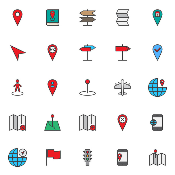 Location and navigation filled outline icons set, line vector symbol collection, linear colorful pictogram pack. Signs, logo illustration, Set includes icons as map pointer, book with pin location - Vector, Image