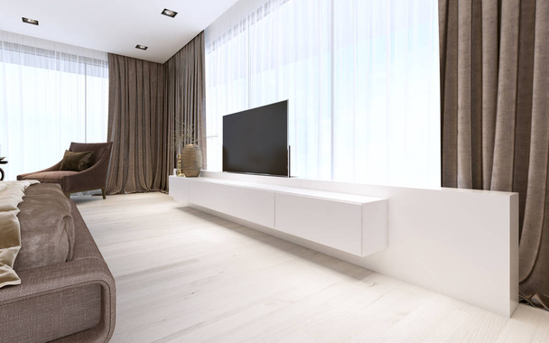 White TV unit with pull-out TV. 3D rendering - Photo, Image
