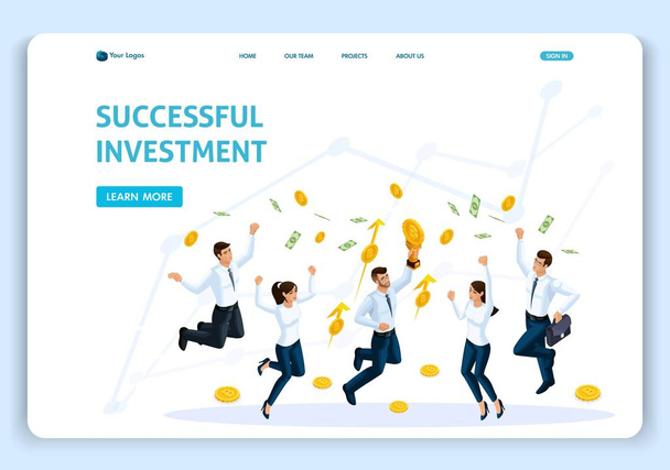 Website Template Landing page Isometric concept Business analysis, Successful investment, team work, employees jump. Easy to edit and customize - Vector, Image