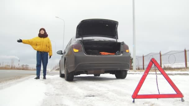 車のトラブル。非常口のサイン。雪国の道路での車のトラブル。若い女性が車をキャッチしよう - 映像、動画