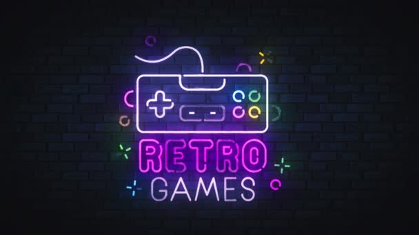 Retro gry neon znak, konsoli do gier, szyld jasne światło - Materiał filmowy, wideo