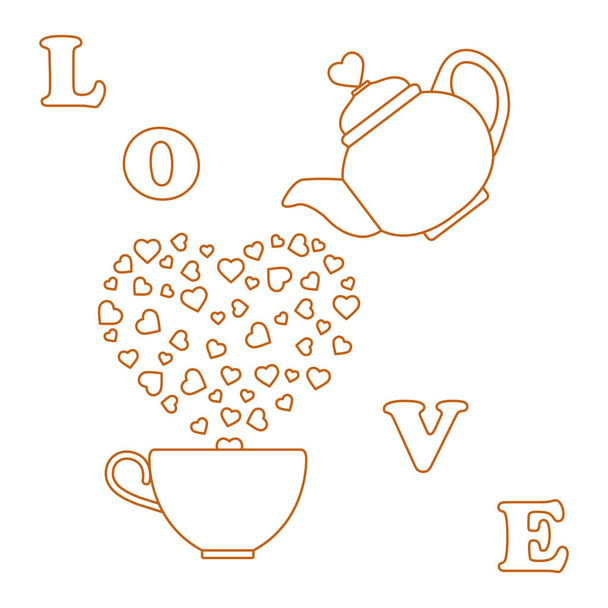 Vector illustration with kettle, cup of tea, hearts. Happy Valentine's Day. Design for party card, banner, poster or print. - Διάνυσμα, εικόνα