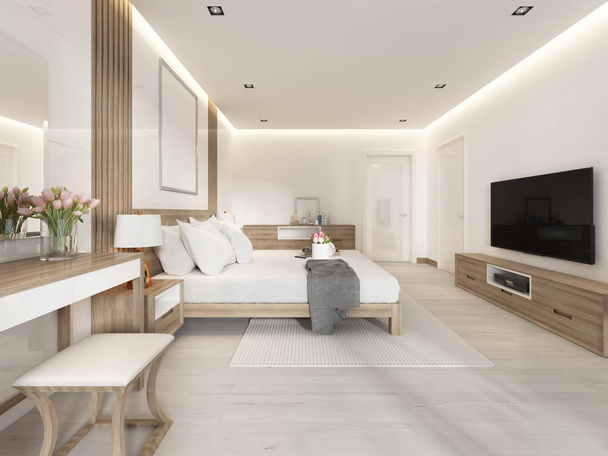 Modern light bedroom with wooden furniture in Scandinavian style. 3D rendering - Photo, Image