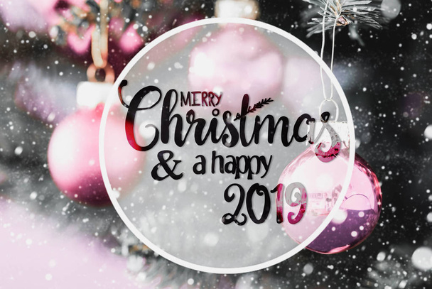 Rozmyte kulki fioletowy, kaligrafia Wesołych Świąt i szczęśliwego 2019, płatki śniegu - Zdjęcie, obraz