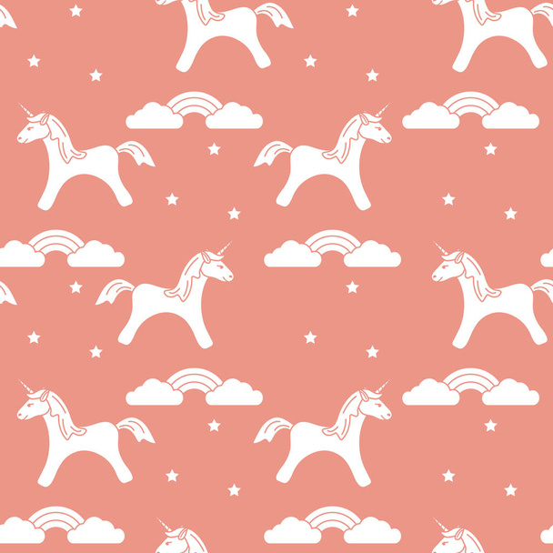 Seamless pattern with magic unicorn and stars, clouds, rainbow. Design for children graphic, t-shirt, cover, gift card. - Vector, Imagen
