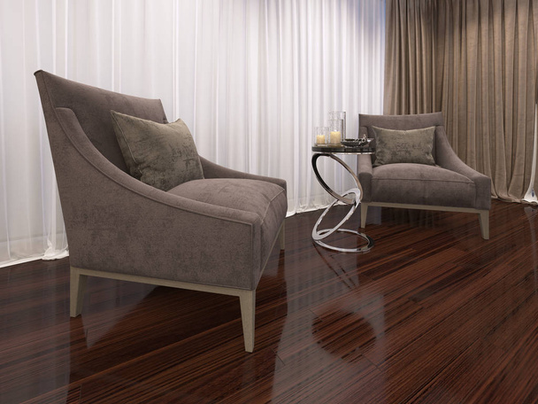 Two luxurious soft armchairs in the evening bedroom, art deco style. 3D rendering - Photo, Image