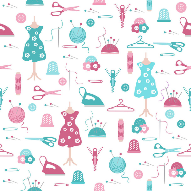 Seamless pattern with clew, knitting needles, mannequin, dress, hangers, zipper, needles, thimble, pins, threads, buttons, scissors, sewing machine, iron. Sewing and needlework background. - Vettoriali, immagini