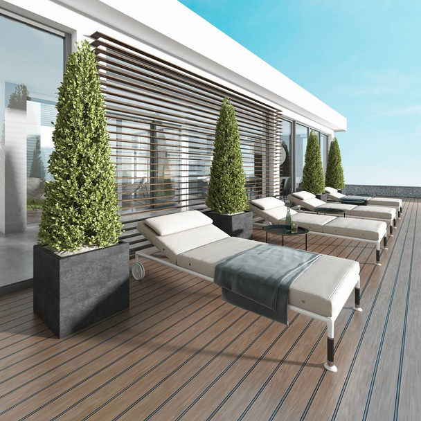 Terrace by the pool with sun loungers near the modern house. 3D rendering - Photo, Image