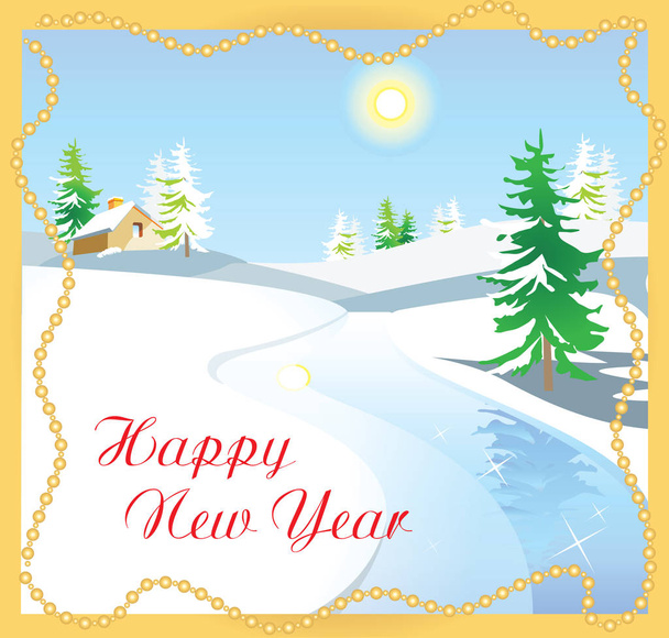 Cartão postal com uma paisagem de inverno com abetos cobertos de neve rio congelado e uma pequena casa à distância
. - Vetor, Imagem