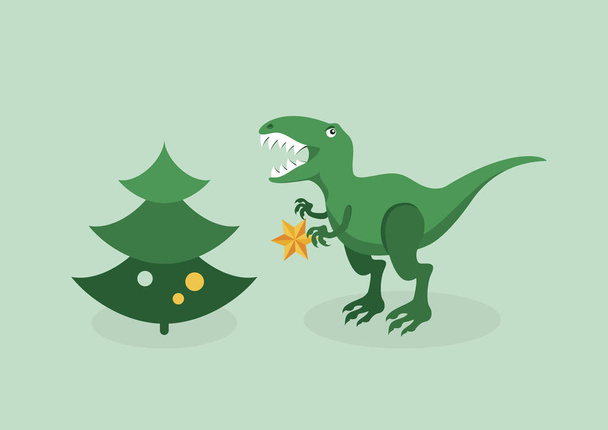 T rex kerst trouble vector. Tyrannosaurus met een kerstboom. Boze Kerst T rex. Dinosaur kerst probleem. T rex grappige kerst illustratie - Vector, afbeelding
