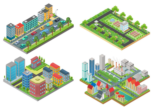 Set of isolated 3d Isometric Realistic cartoon urban City Maps top view vector iullustration. - Διάνυσμα, εικόνα