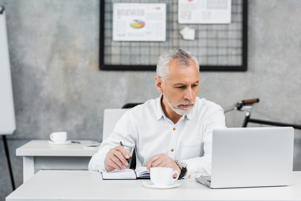 серьезный привлекательный бизнесмен средних лет, держащий ручку и глядящий на ноутбук в офисе
 - Фото, изображение