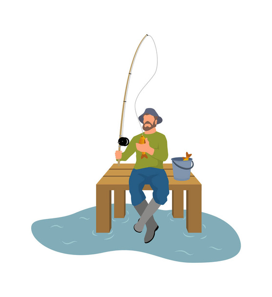 Fisherman with Fishing Rod and Fish Vector Sketch - Vektör, Görsel