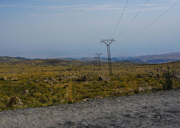 Mount Aragats Power Lines with Rocky Grass Land - Photo, Image