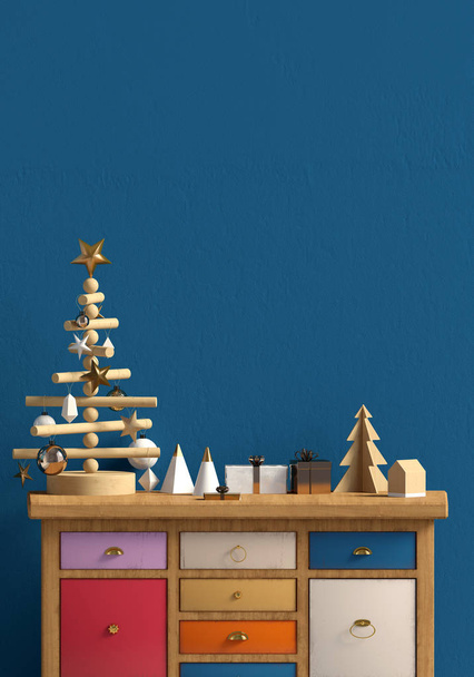 Современный рождественский интерьер с комодом и елкой в скандинавском стиле. Стена макетирует. 3D иллюстрация
 - Фото, изображение