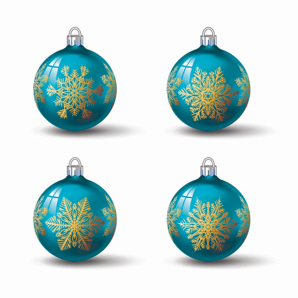 Bolas de Navidad de color azul y azul con diferentes adornos de copo de nieve. Conjunto de bolas de vidrio realistas aisladas. Ilustración vectorial para su diseño
. - Vector, Imagen
