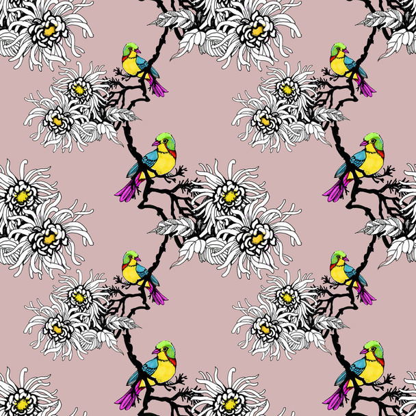 Suluboya el çekilmiş seamless modeli güzel renkli çiçekler ve kuşlar - Fotoğraf, Görsel