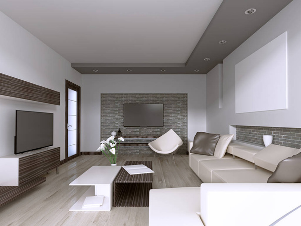modernes Wohnzimmer mit großem Fenster mit Blick auf den Hinterhof. 3D-Darstellung - Foto, Bild