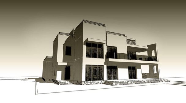 Dibujo a lápiz 3d ilustración de un moderno diseño de fachada exterior de edificio privado. Papel viejo o efecto sepia
 - Foto, Imagen