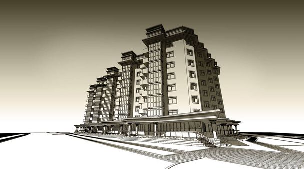 3d карандашный эскиз иллюстрации современного многоэтажного дизайна фасада здания. Эффект старой бумаги или сепии
 - Фото, изображение