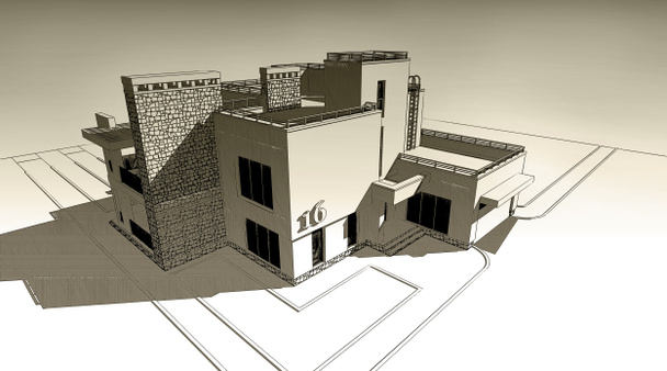 3D απεικόνιση σκίτσο μολύβι του ένα σύγχρονο ιδιωτικό κτίριο εξωτερική πρόσοψη σχεδιασμό. Παλιό χαρτί ή σέπια εφέ - Φωτογραφία, εικόνα