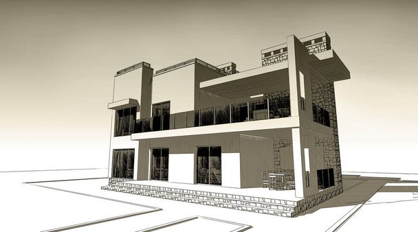 3D-Bleistiftskizze Illustration einer modernen privaten Gebäude Außenfassade Design. Altpapier oder Sepia-Effekt - Foto, Bild
