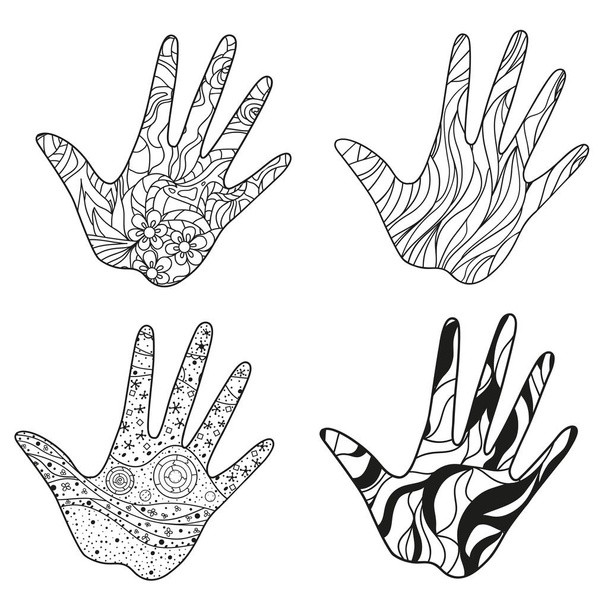 Hands with abstract patterns on isolation background. Design for spiritual relaxation for adults. Zen art. Doodles for banners, posters and textiles. Black and white illustration for coloring - Vector, Image