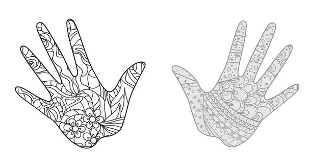 Arm. Hand drawn doodles with abstract patterns on isolation background. Design for spiritual relaxation for adults. Line art creation. Black and white illustration for coloring. Zentangle. Zen art - Vector, Image