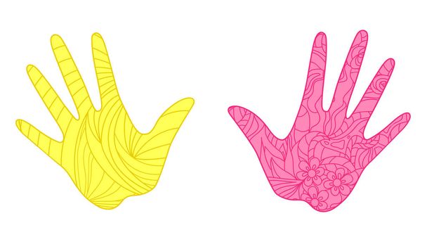 Hände mit abstrakten farbigen Mustern auf Isolationshintergrund. Design für spirituelle Entspannung für Erwachsene. Zen-Kunst. Kritzeleien für Banner, Poster, T-Shirts und Textilien - Vektor, Bild