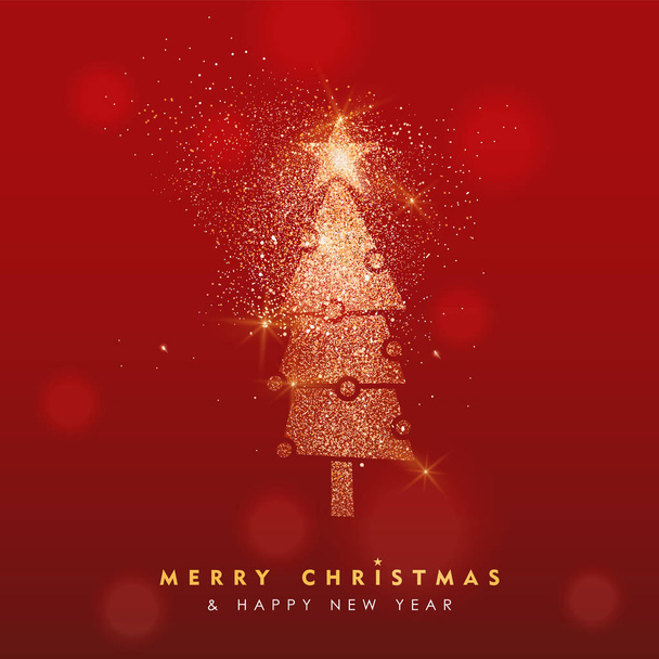 Merry Christmas and Happy New Year luxury greeting card illustration, xmas pine tree made of gold glitter texture on festive red background with holiday text quote. - Vektör, Görsel
