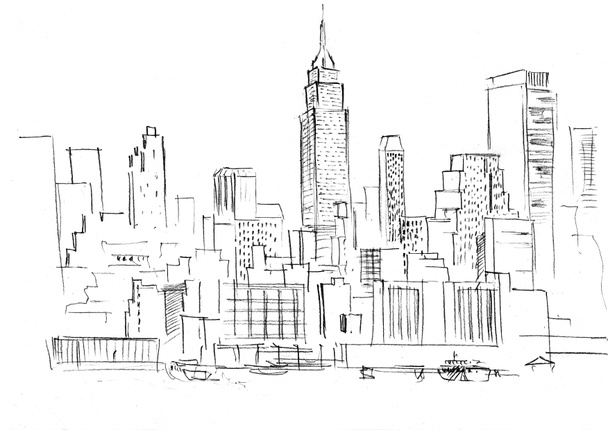 Dibujo a lápiz de un paisaje con un conjunto de rascacielos en Nueva York
 - Foto, Imagen