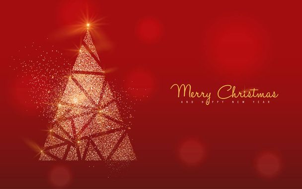 Merry Christmas and Happy New Year luxury greeting card illustration, xmas pine tree gold glitter texture on festive red bokhe lights background with holiday text quote. - Вектор,изображение