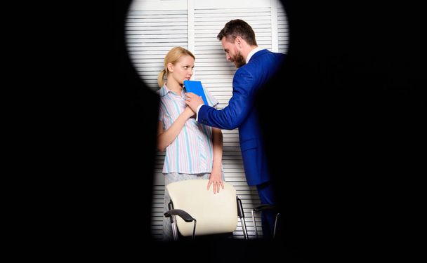 Office woman and her lustful boss. Try to seduce director. Boss or manager molesting female employee in workplace. - 写真・画像