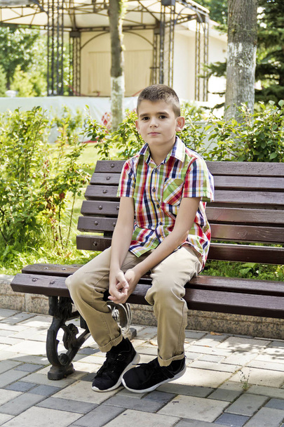 Cute brunette boy are sitting on the bench in summer - Fotó, kép