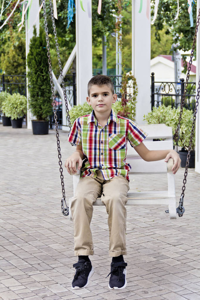 Cute brunette boy ride on a swing in summer - Valokuva, kuva