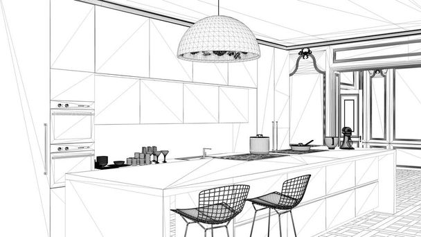 Proyecto de diseño de interiores, boceto de tinta en blanco y negro, diseño arquitectónico que muestra cocina moderna en apartamento clásico, armarios e isla con taburetes, arquitectura contemporánea
 - Foto, Imagen
