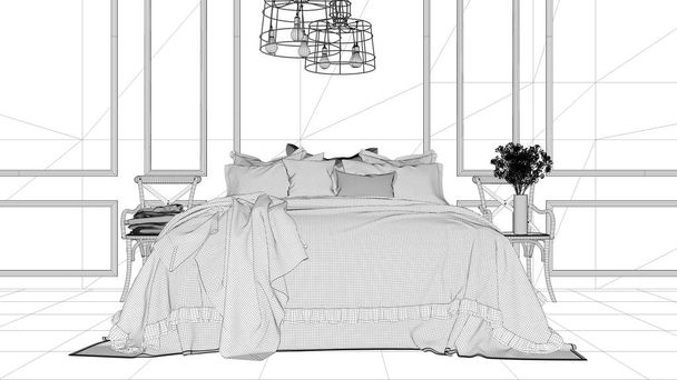 Proyecto de diseño de interiores, boceto de tinta en blanco y negro, diseño arquitectónico que muestra el dormitorio clásico vintage con cama suave llena de almohadas y mantas. Arquitectura contemporánea
 - Foto, Imagen
