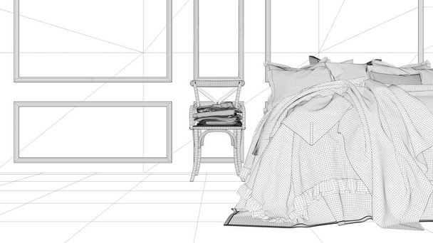 Дизайн інтер'єру, чорно-білий ескіз чорнила, архітектурний відбиток, що показує старовинну спальню з м'яким ліжком, наповненим подушками та ковдрами. Сучасна архітектура
 - Фото, зображення