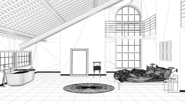 Proyecto de diseño de interiores, boceto de tinta en blanco y negro, diseño arquitectónico que muestra el espacio abierto loft, dormitorio y baño con bañera y ventanas panorámicas, arquitectura minimalista
 - Foto, Imagen