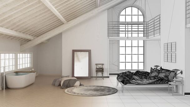 Tamamlanmamış proje taslak İskandinav çatı açık alan ile yatak odası ve banyo küvet, parke zemin ve panoramik pencereler, tavan, minimalist mimari iç tasarım - Fotoğraf, Görsel